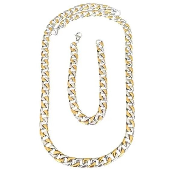 Stainless Steel Two-Tone Men's Classic 30" Cuban Link Chain Set with Clasp NEW - Picture 1 of 7